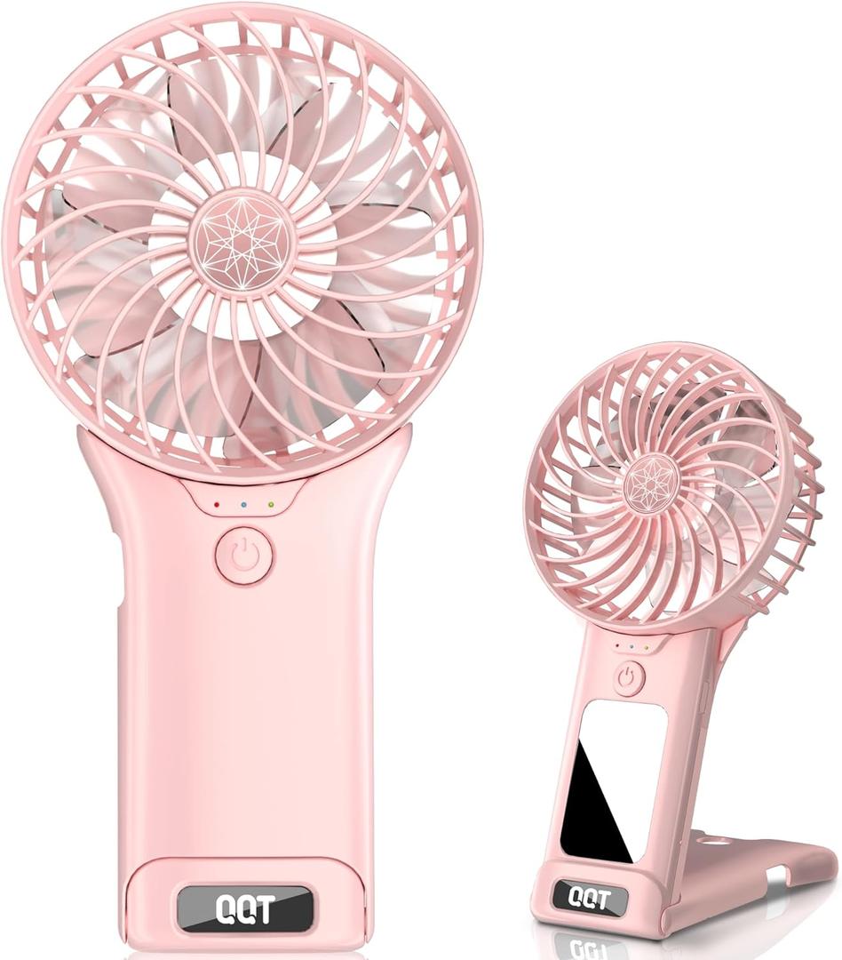 QQT Mini Handheld Fan,4 Speed Adjustable Portable Battery Operated Fans, USB Rechargeable Desk Fan with Mirror, Max 20 Hrs Hand Fan For Travel Office Outdoor Women Men (Pink)