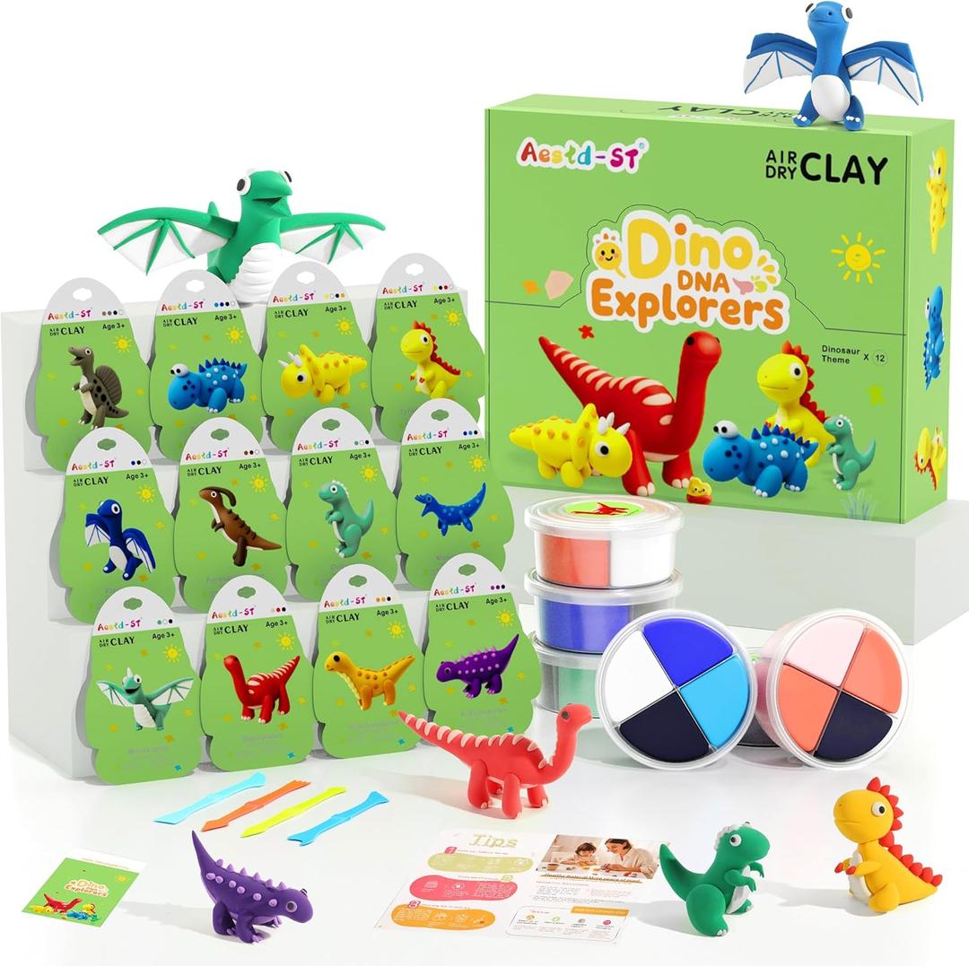 Air Dry Clay Kit - Dinosaur Theme, Modeling Clay for Kids, DIY Model Magic with Sculpting Tools and Tutorials, 12 Boxes Molding Clays, Ultra Light, Soft & Non-Sticky, Arts and Crafts Gift for Kids (Dino DNA Explorers)
