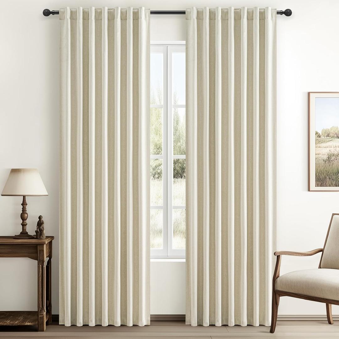 Warm Cream Thick Linen Black Out Curtains 86 Inch Long for Living Room 2 Panels Set, Farmhouse Pleated Room Darkening Window Drapes Insulated Privacy for Kids Bedroom 50"W x 86"L (Rod Pocket Back Tab)