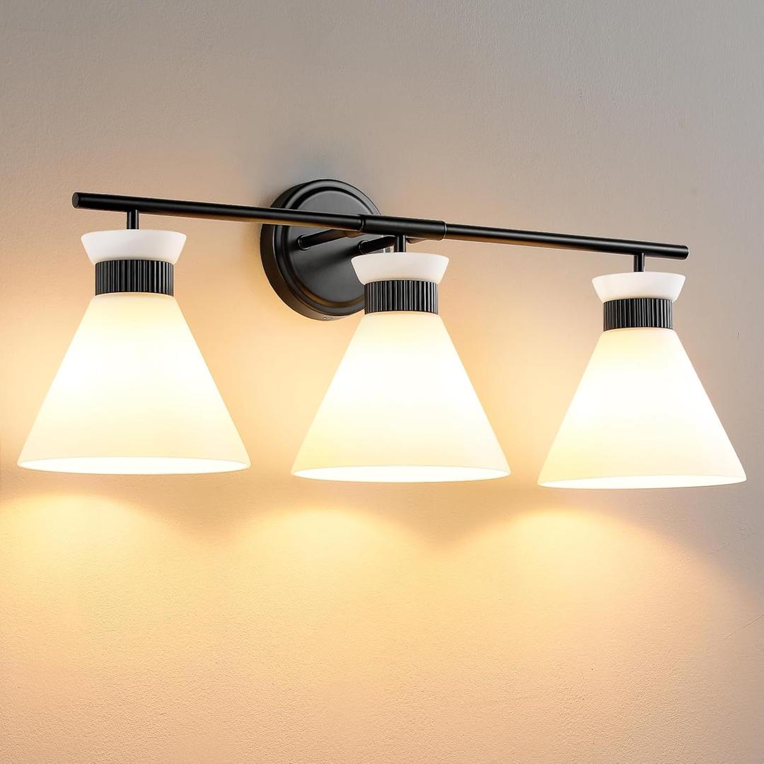 Black Bathroom Vanity Light Fixtures: Vanity Lighting Fixtures over Mirror 23.4 inch with Milky White Frosted Glass, 3-Lights Farmhouse Vintage Vanity Lighting Bathroom Wall Light(Exclude Bulb)
