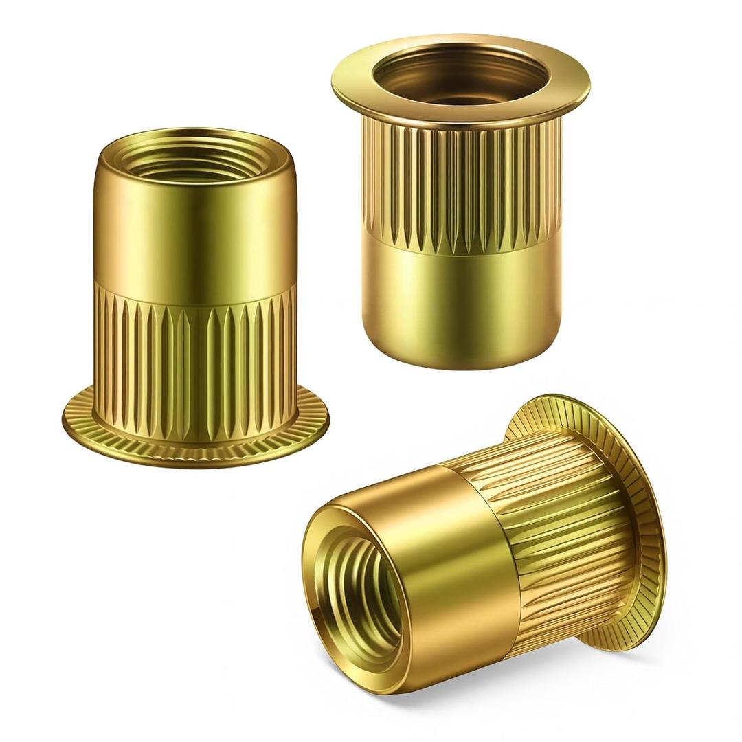 60Pcs Rivet Nut M6 Yellow Zinc Plated Finish Flat Head Rivnut Threaded Insert Nutsert Rivet Nut, Knurled Body