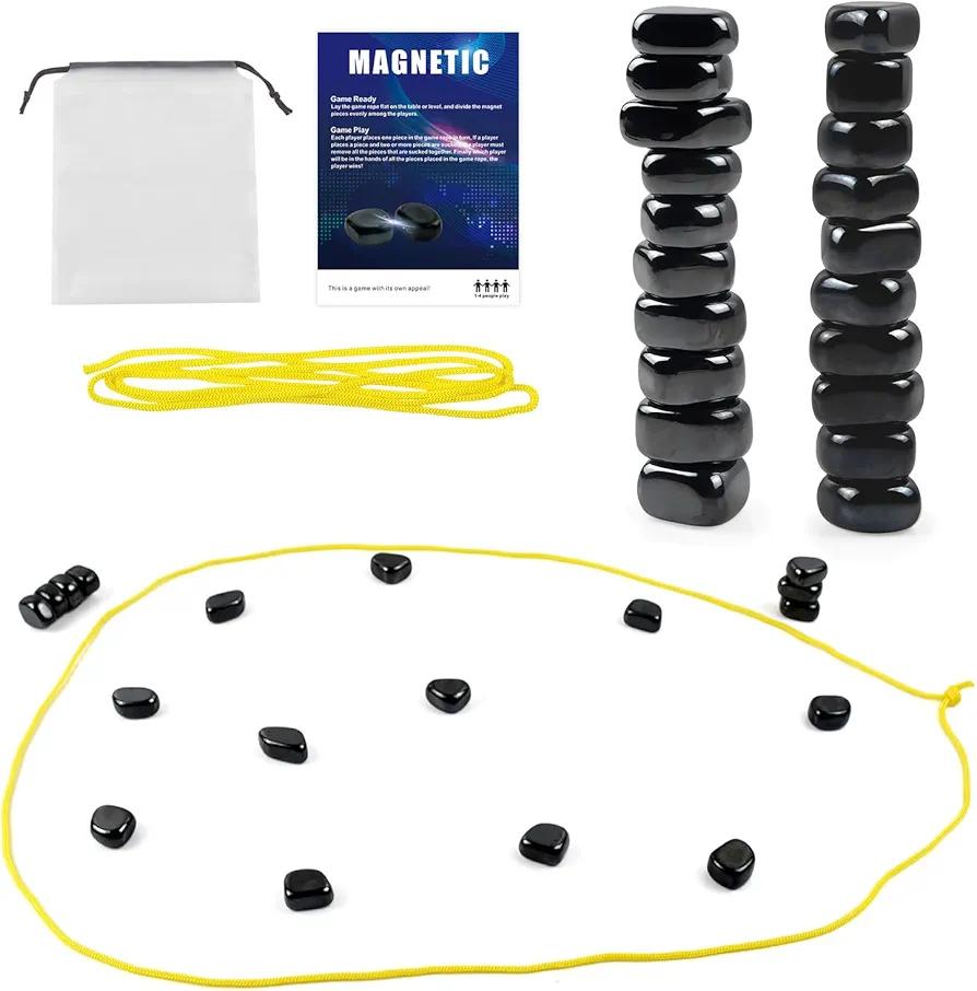 Magnetic Strategy Board Game Set, 20 Black Pieces with Storage Bag, Family Tabletop Game with Rope Boundary, Contemporary Style Game for Kids and Adults, Compact Size