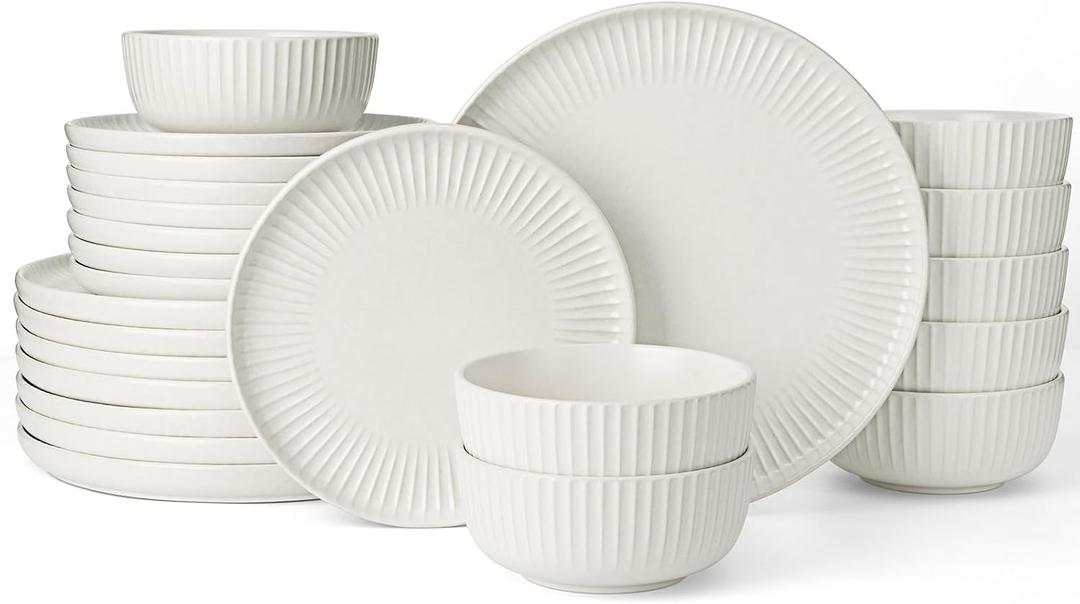 Famiware Starlight 24-Piece Plates and Bowls Sets for 8, Stoneware Dinnerware with Ribbed Textured, Handcrafted Reactive Glaze Dishes - Dishwasher & Microwave Safe, Chip/Scratch Resistant, Matte White