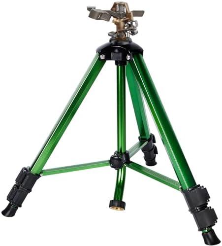 Biswing Impact Sprinkler Head on Tripod Base, Heavy Duty Lawn Sprinklers, 360 Degree Large Area Irrigation, Brass Sprinkler Nozzle & Solid Alloy Metal Extension Legs Flip Locks, 1 Pack