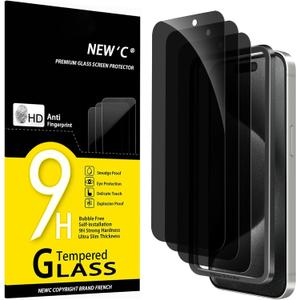 NEW'C 3 Pack Privacy for iPhone 15 Pro Max Screen Protector (6.7 inches), Anti-Spy Tempered Glass Film,Case Friendly Ultra Resistant, Balanced 28-Degree Privacy Angle-Easy installation tool included