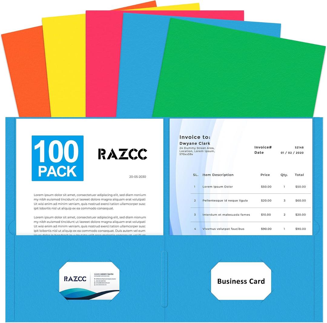 Two Pocket Folders, RAZCC 100 Pack File Folders with Pockets Fit Letter Size Paper, Thick Paper File Folder for School Office Business Home, Assorted 5 Colors