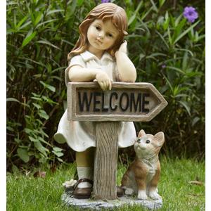 Girl Garden Statue with Solar LED Lights, Solar Girl Welcome Sign with Cat Garden Statue for Outdoor Decor, Porch, Patio, Yard Art Decorations, Polyresin 17.3 inch, 17.3 x 8.9 x 7.1 inches