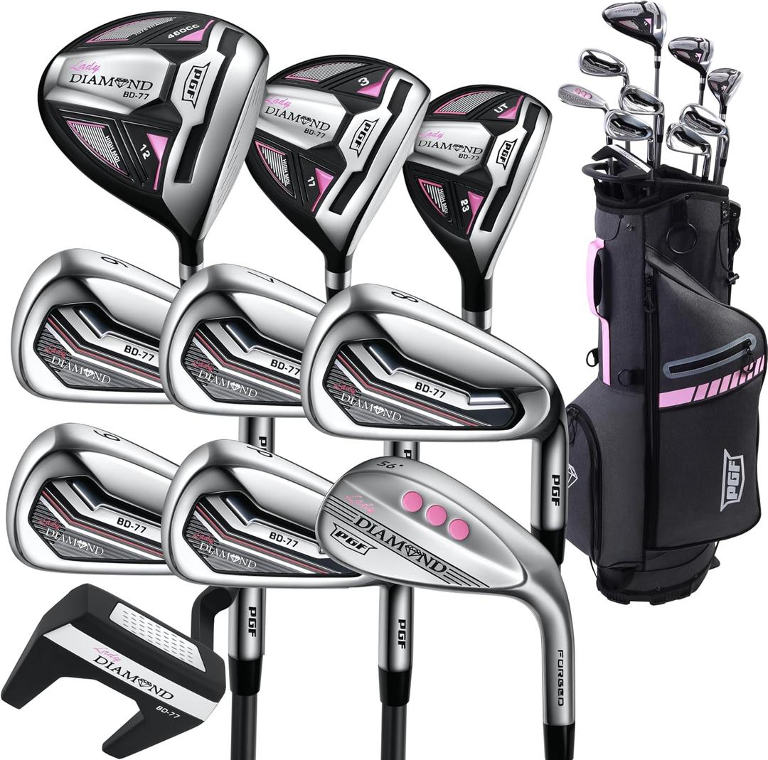 PGF Labs BD-77 Complete Golf Club Package Set for Men & Women [10-Pieces] Right Hand, Included A Driver no12, Fairway Hybrid no17, PGF Hybrid no23, 5 PGF Irons no6-9 and P, PGF Wedge no56, a PGF Putter