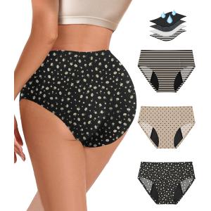 Gemfit Period Underwear for Women Heavy Flow - Seamless High Waisted Leakproof Absorbent Incontinence Postpartum Washable Protective Breathable Briefs 3 Pack, Stripe + Flower + Dot, Large