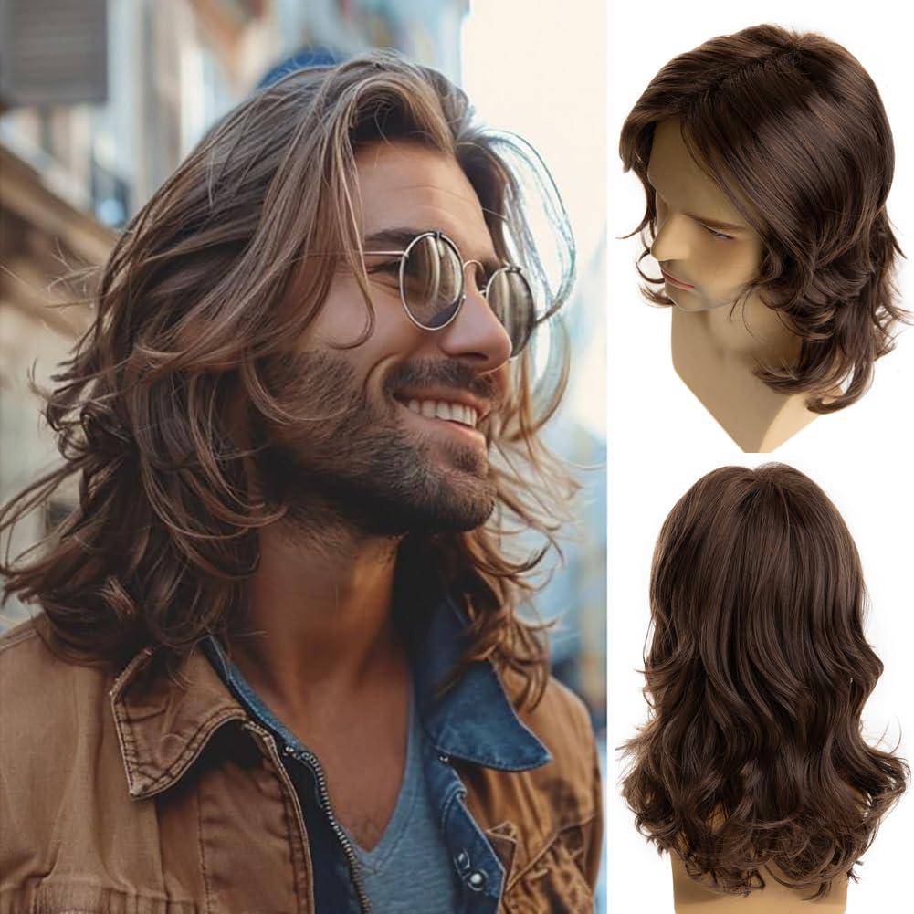 Long Brown Wigs for Men Synthetic Layered Wavy Cosplay Party Wig