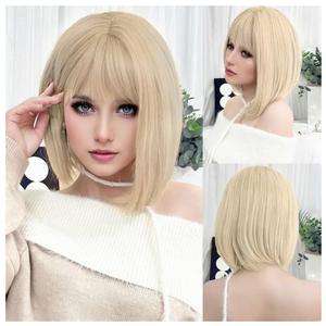 Short Blond Wig with Bangs 15Inch Straight Hair Natural Synthetic Bob Wig for Women (15Inch, Blond)