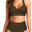 Tempt Me Women Two Piece Vintage Swimsuit Retro Halter Ruched High Waist Bikini with Bottom Medium