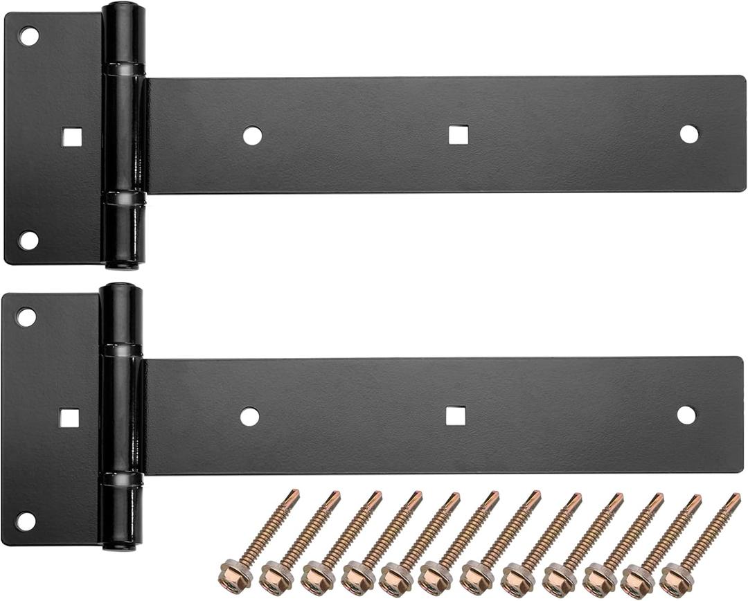 T-Strap Gate Hinges 12 in, Heavy Duty Tee Hinge, T-Door Hinges, 180 Opening Gate Strap Hinges, Black Wrought Hardware for Wooden Fences, Yard,Barn Door, Shed Doors,2 Pcs(Patent Pending)