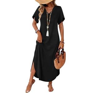 WIHOLL Black Dresses for Women Maxi Dresses Dressy Casual Dresses Summer 2026 Flowy Long Dress Short Sleeve Vestidos Casuales para Mujer Spring Clothes Cruise Outfits, Medium
