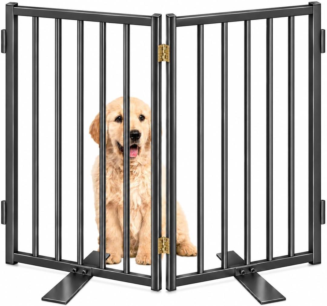 Metal Freestanding Dog Gates with Door for Outdoor Indoor,Extra Wide Tall Free Standing Dog Gate for Doorways,Large Openings,Deck,Yard,Porch,Foldable Safety Pet Fence (Black, 【2 Panels】 32''H*40''W)