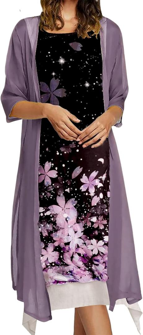 Honwenle Women's Linen Dress 2 Piece Outfit Floral Sleeveless Loose Maxi Summer Dresses with Jacket Formal Casual (3X-Large, Dark Purple)