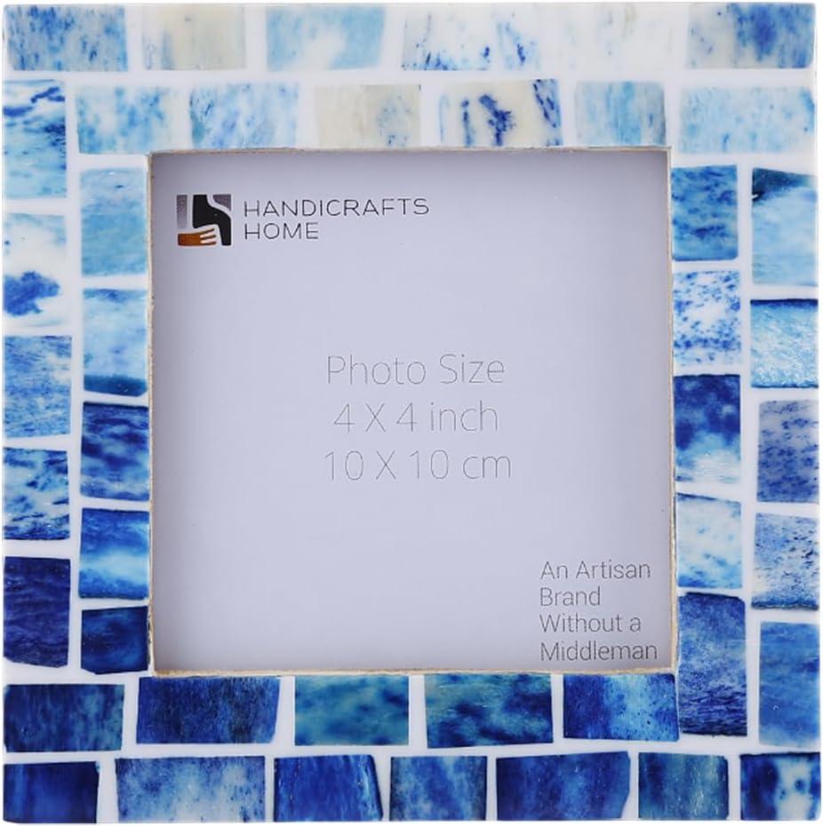 Handicrafts Home Blue Picture Frame, Handmade Bone Inlay 4x4 Photo Frame, Mosaic Indigo Pattern, Artisan Crafted Blue & White Frame for Wall & Tabletop, Coastal Modern Farmhouse Decor, Gallery Wall, Desk & Shelf Styling, Bedroom & Living Room Picture Frame, New Year & Holiday Gift  Mosaic Indigo