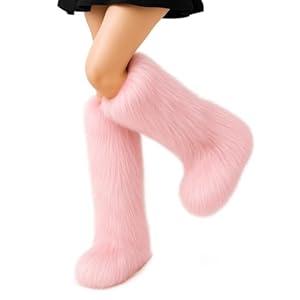 Berlune Faux Fur Fuzzy Leg Warmers 16'' Furry Boot Cuff Long Fur Fluffy Shoes Cover for Women Girls winter Halloween Costumes(Pink)