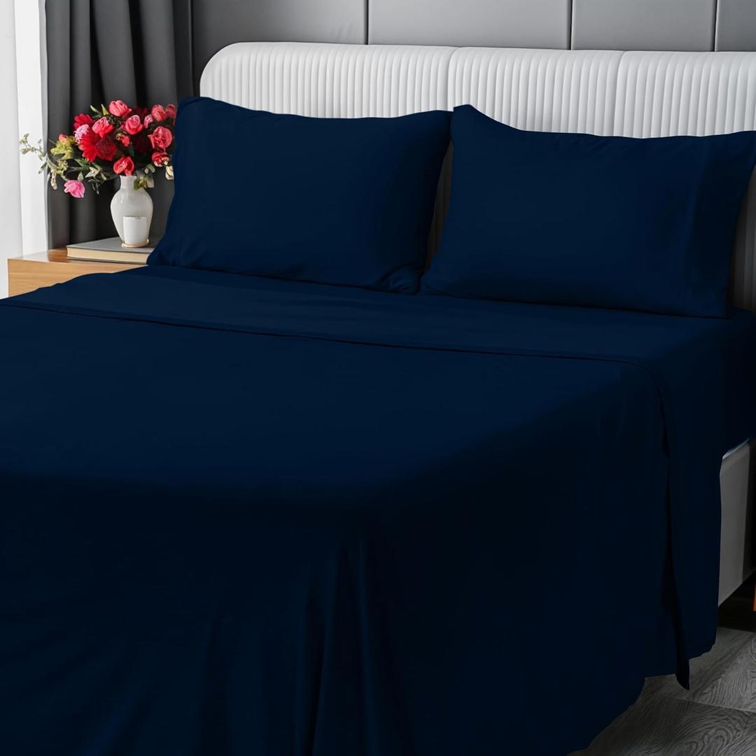 Utopia Bedding Queen Sheet Set - Jersey Knit Sheets 4 Piece  Cotton  Soft T-Shirt Stretchy Sheets (Queen, Navy)
