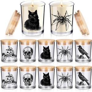Ziliny 10 Pcs Halloween Horror Glass Candle Jars Empty Containers Bulk 7 oz Halloween Glass Jars with Cork Lids Tins for Holiday Candle Making Storing Biscuits Tea Party Favors Decorations