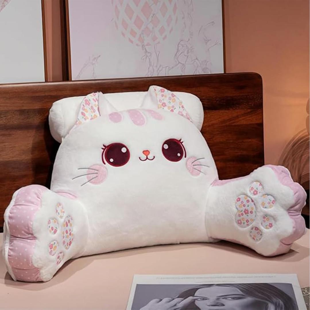 Cute Kitty Rest Reading Pillow for Adults, Kawaii Soft Lumbar Pillows Rest Cushion with Washable Cover for Sitting in Bed, Relaxing, Watching TV, Gaming