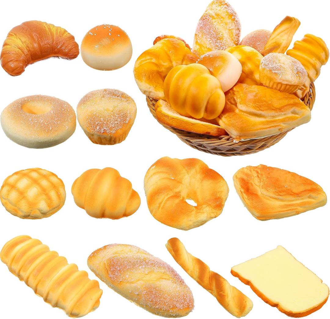 Chivao 12 Pieces Fake Food Realistic Artificial Slice Fake Decoration Macaroon Birthday Faux Simulation Croissant Model PU Photography Props(Bread)
