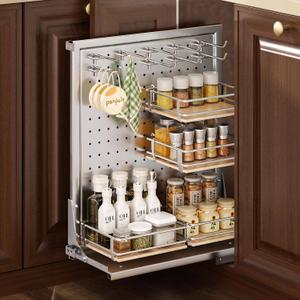 DINDON Blind Corner Cabinet Pull Out Shelves for Kitchen Cabinets, Pull Out Spice Rack Cabinet Organizer 8" W x 18.62" D x 22.64" H Slide Out Pantry Rack Pegboard with Adjustable Shelves For Kitchen, Silver