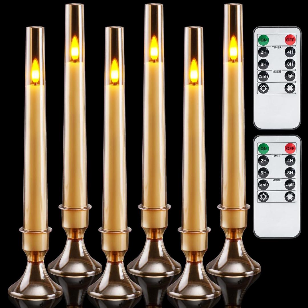 Homemory 6 Pcs Flameless Taper LED Candles with Remote and Timer, 3D Wick Flickering, Window Candles with 2 Light Modes, Battery Operated for Xmas Wedding Decor, 9.6 Inch, Gold