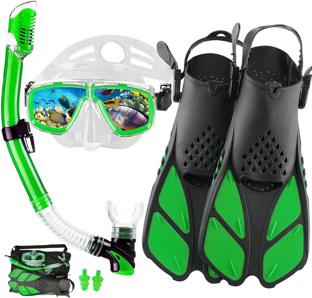 Snorkeling Gear for Adults with Fins Scuba Diving Gear Adult Professional Travel Snorkel Sets with Flippers,Anti-Fog Anti-Leak Diving Mask Green, US Men 4-8.5 | US Lady 6-9.5