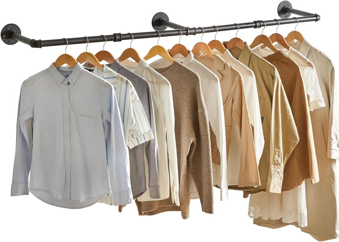 IBUYKE 70 Inch Industrial Pipe Clothes Bar Rack, Wall Mounted Garment Hanging Storage Rail, for Bedroom, Living Room, Laundry Room, Retail Display, Triple Base, Black TYJ003H