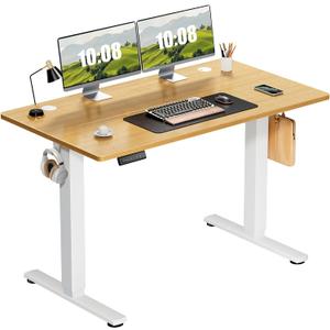 Sweetcrispy Electric Adjustable Height Standing Desk - 48 x 24 inch Sit to Stand Up Desk with Splice Board, Rising Home Office Computer Table with 2 Hook and Wire Hole for Work (48 x 24IN, Nature)