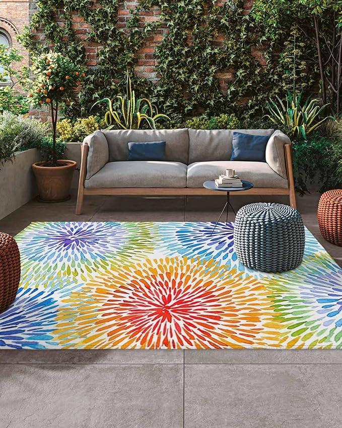 Beverly Rug Outdoor Rug 6x9 Modern Floral Tropical Area Rugs for Indoor and Outdoor Patio Easy to Clean Non Shedding Living Room Porch Garden Washable Outside Carpet (6 x 9 Blue)