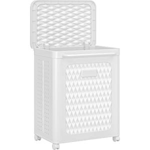 VECELO Rolling Storage Bins with Lid, Plastic Organizers Cart with Wheels & Handle, Foldable Storage Containers for Laundry, Bathroom, Bedroom, 19.3" x 13.8" x 25.0", Cool White