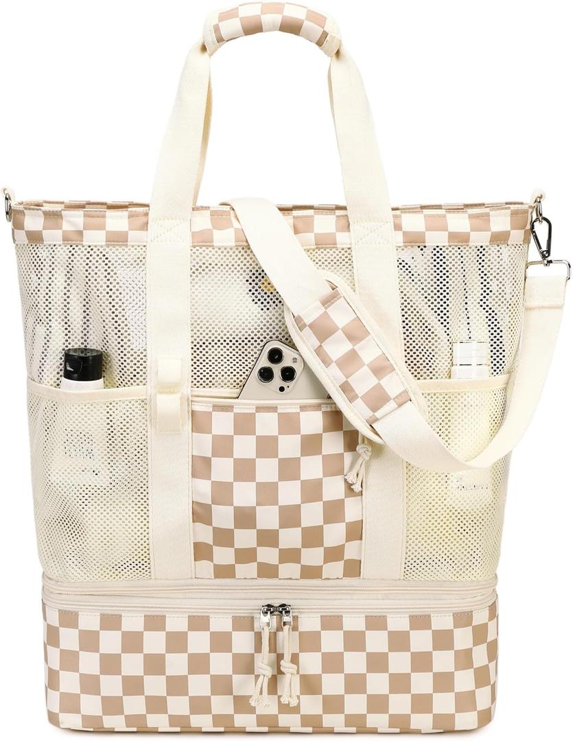 Bluboon Mesh Beach Tote Bag with Cooler Compartment Insulated Detachable Picnic Bag with Zipper and Pocket Pool Bag for Women (A-brown White Grid)