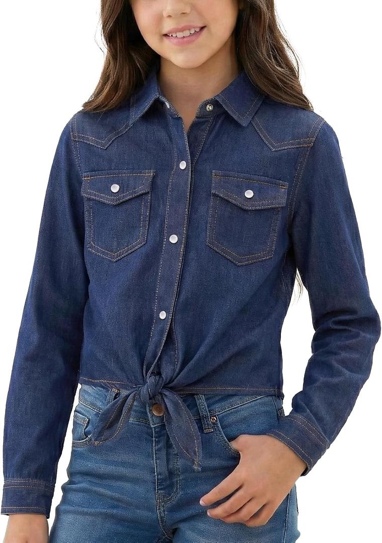 Spring&Gege Girls Denim Western Pearl Snap Shirt Cowgirl Tie Knot Crop Button Down Shirt Long Sleeve Wrinkle Free Blouse Top (13-14 Years, Indigo Dark Blue)