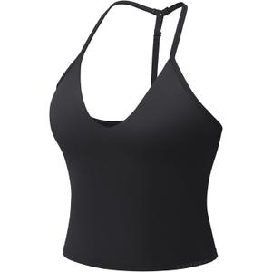 YEOREO Women's Impact Halter Tank Top Strappy Padded Halter Open Back Deep V Neck Built-in Bra Workout Gym Crop Tops (Large, Black)