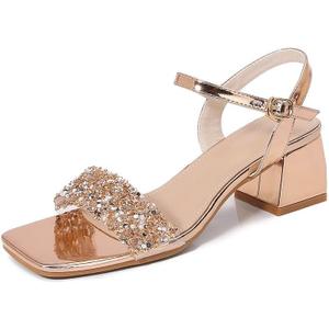 kkdom Women's Open Toe Ankle Strap Fashion Glitter Rhinestone Sandals Low Block Chunky Heels Pumps Wedding Party Dress Shoes (Yellow, M) 8.5