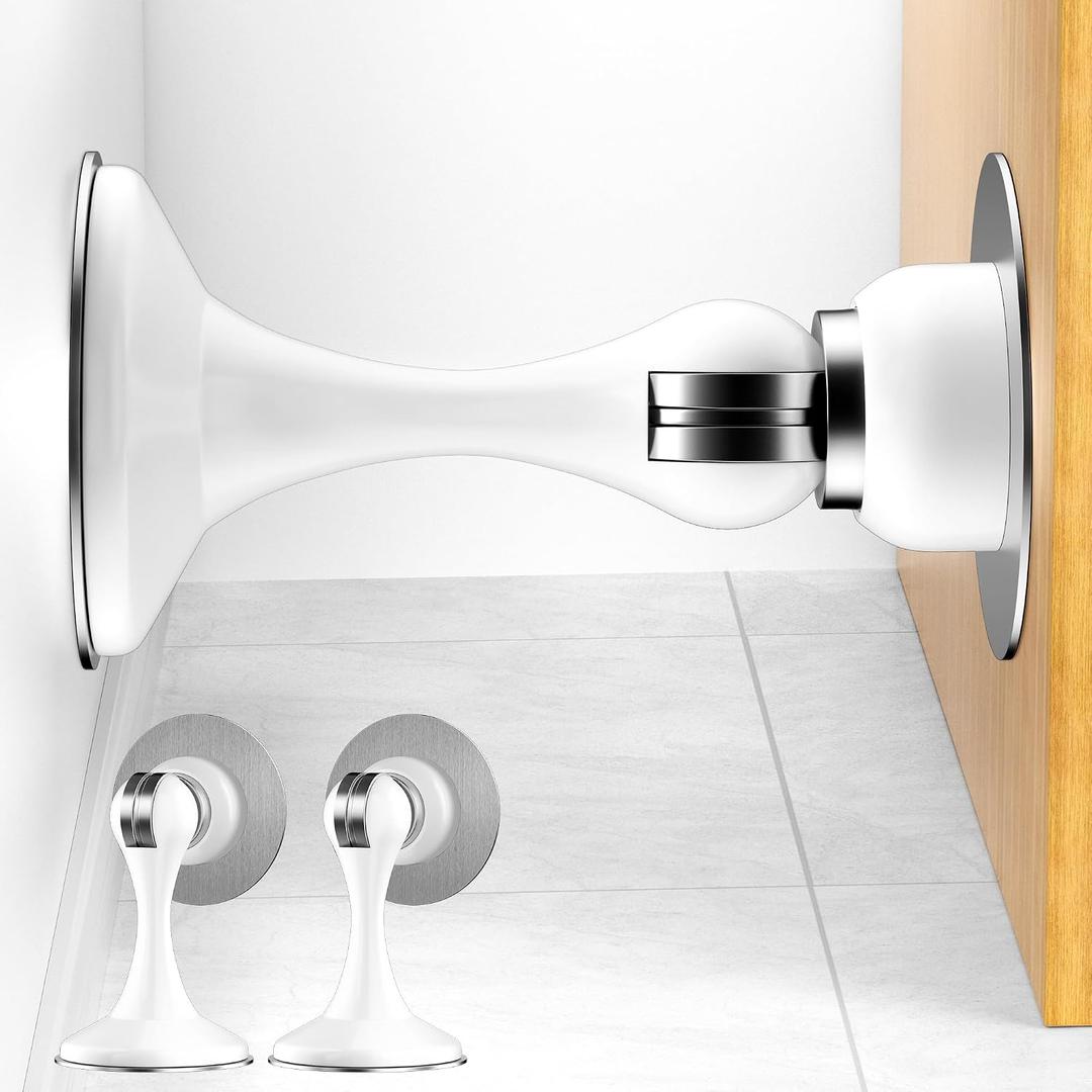 2 Pack Magnetic Door Stoppers, Stainless Steel Magnetic Door Stop, Wall & Floor Mounting No Drilling Door Stop with 3D Adhesive Tapes Keep Door Open, White