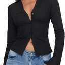 Women Y2K Slim Fit Button Up Shirt Sexy Long Sleeve V Neck Solid Color Crop Blouse Casual Aesthetic Preppy Streetwear (Small)