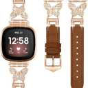 Shesyuki Leather Bands Compatible With Fitbit Versa 4/3 and Sense 2 - Slim Thin Dressy Watch Strap With Bling Butterfly Metal Buckle for Women