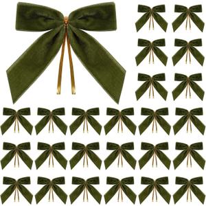 24 Pcs Olive Green Small Velvet Christmas Bows for Christmas Tree, Wreath, Gift Wrapping, Crafts, Wedding, Party, Twist Tie Bows for Treat Bag Bakery Candy Bags, Home Decor 1"W,3.5 x 3.5 inch
