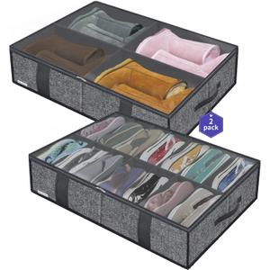 Friday Monkey Large Sturdy Thicken Shoe Storage Box, Clear Shoe Organizer for Closet Underbed, Folding Shoe Rack Sneaker Bin Holder Container Display Case, 16x2 Pairs, Linen-like Black, ZMXAUBS16P2