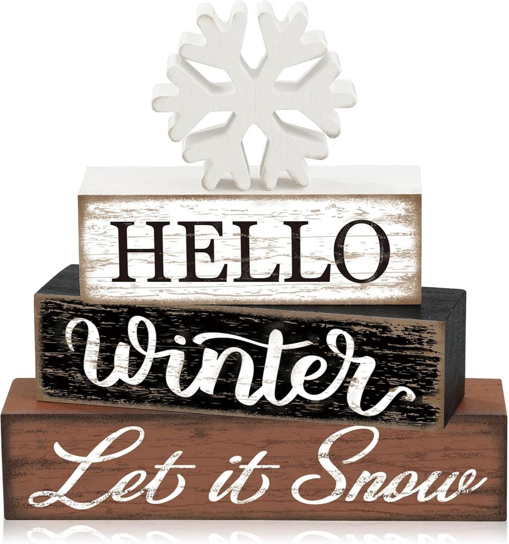 4 Pcs Winter Snowflake Wooden Table Block Sign Christmas Tiered Tray Decor Hello Winter Wood Tabletop Centerpiece Let it Snow Rustic Farmhouse Table Decorations for Xmas Holiday Home Shelf Party Decor