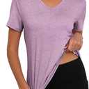 V Neck Workout Tops for Women UPF 50+ Breathable Loose Fit Short Sleeve Tee Shirt Yoga Gym Basic T Shirts (Purple, XL)