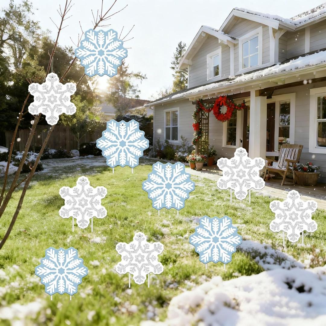 DECEED 10 PCS Christmas Snowflake Yard Signs with LED Lights- Winter Snowflake Lawn Decorations - Christmas Outdoor Holiday Party and Winter Wedding Yard Decors