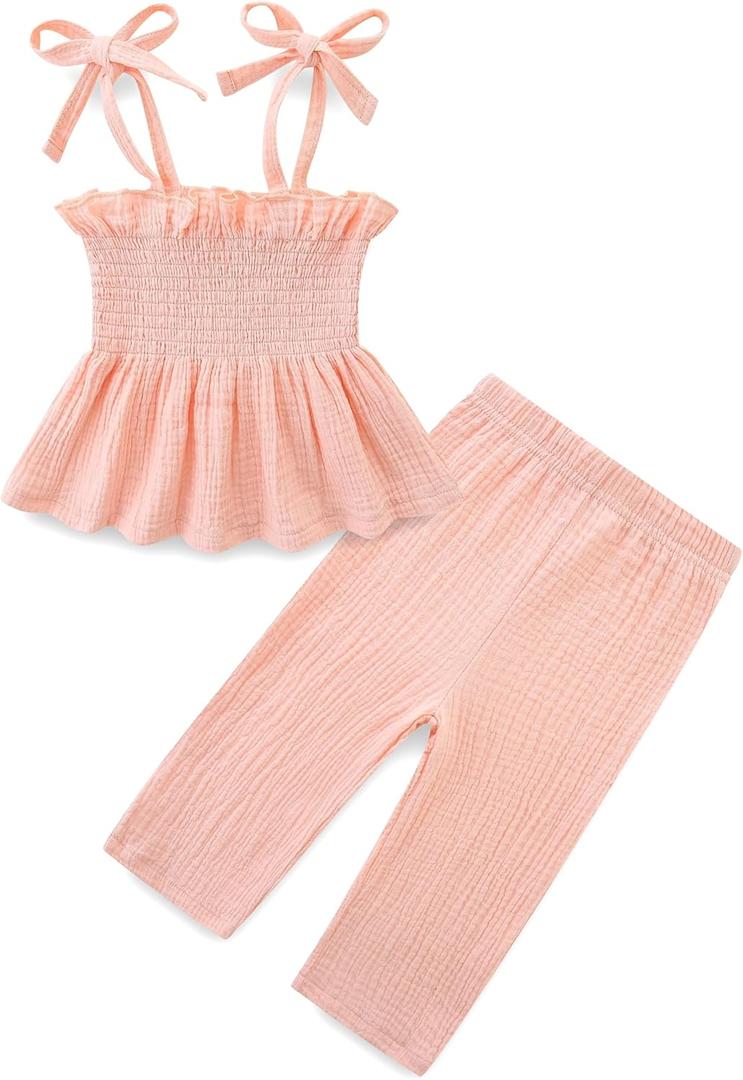 Toddler Girls Summer Outfits Clothes Sleeveless Pant Set Solid Color 100% Cotton Strap Ruffle Baby Clothes 6M~5T (12~18M, Light Pink)