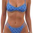 MakeMeChic Women's Boho Micro Thong Bikini Sets Cheetah Gingham High Cut Sexy Cute Bathing Suit Swimsuit Blue Medium