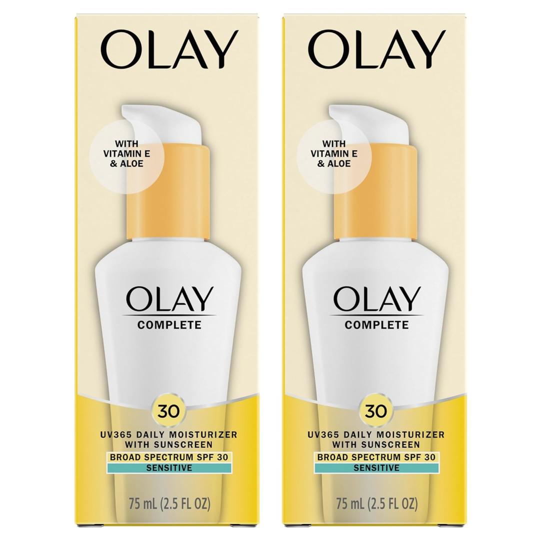 Olay Face Moisturizer, Complete with Sunscreen SPF 30, Fragrance-Free for Sensitive Skin, Broad Spectrum Sun Protection, Long-Lasting Hydration, Non-Comedogenic - Vitamin E & Aloe - 2.5 Oz - 2 Pack, Expiry: 04/2027