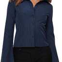 Women Button Down Shirts Long Sleeves Slim Fitted Casual Collared Blouses Work Striped Tops M