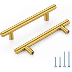 Brushed Brass Cabinet Handles 4 Inch Hole Spacing, Stainless Steel Drawer Pulls for Cabinets, Kitchen, Bathroom, Dresser 60 Pack